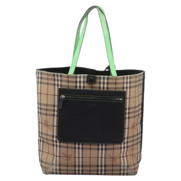 BURBERRY Nova Check Tote Bag PVC Leather Beige Green Silver Auth BD130 - Picture 1 of 16